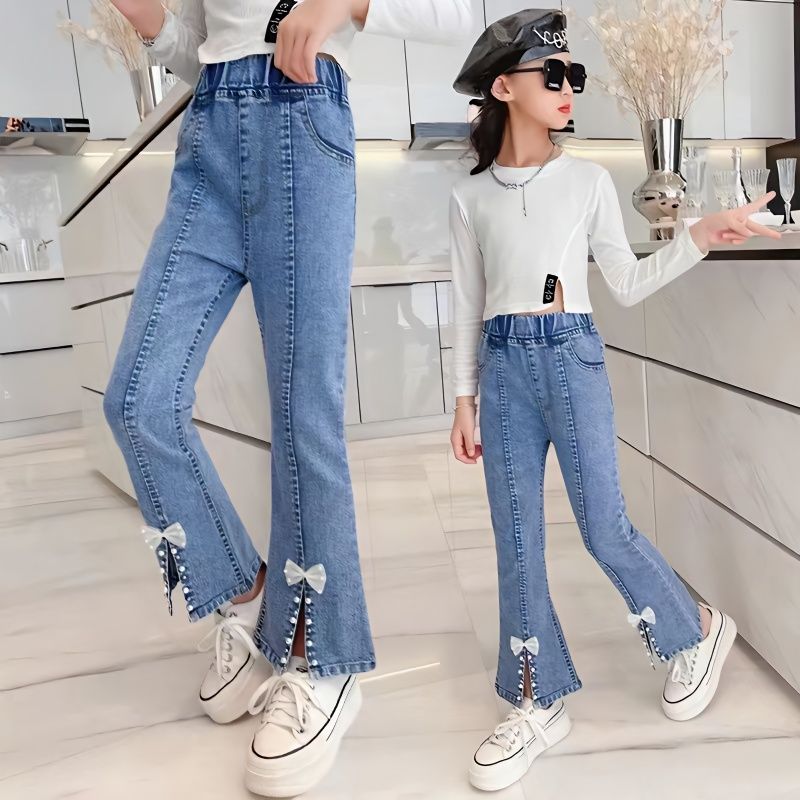 children‘s jeans girls‘ spring and autumn big children split stretch flared pants slim fit middle children women‘s pants western style