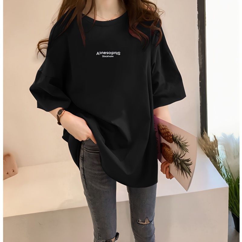 ins super popular letter short-sleeved t-shirt women‘s summer 2023 new mid-length korean style fashionable loose-fitting plus size half-length sleeves top clothes