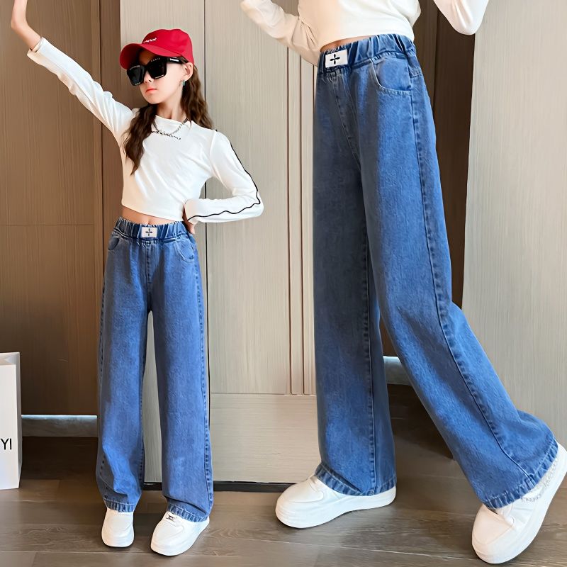 Girls' Pants Spring and Autumn 2024 Children's New Medium and Big Children Loose Western Style Casual Jeans Wide-Leg Pants for Students