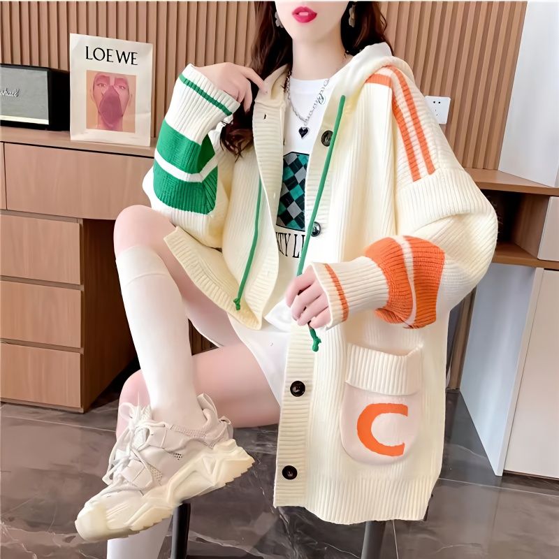 loose hooded knit cardigan 2023 new autumn thickening idle style western style warm sweater fat coat 137