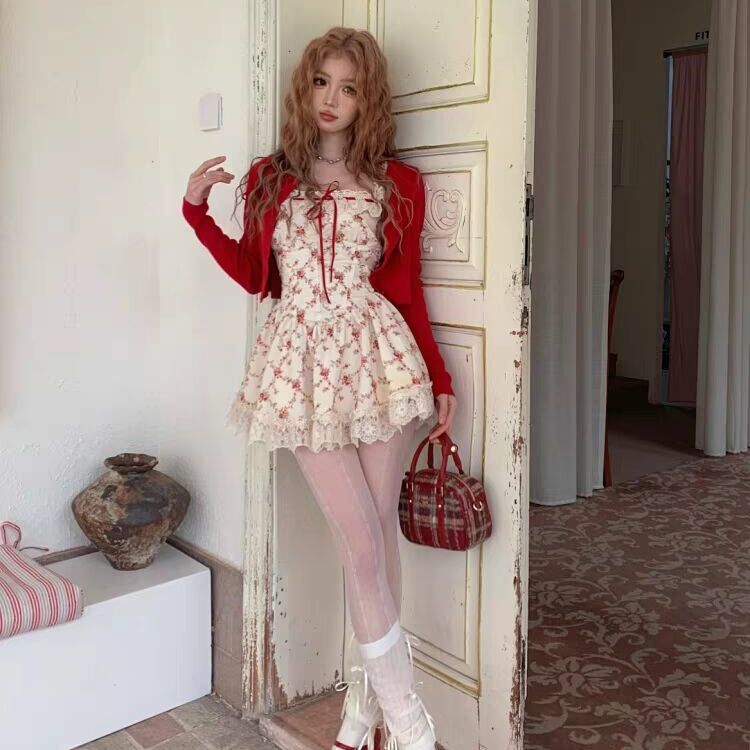 rich rose apricot pastoral style small floral french lace strap dress spring and summer small coat [within 7 days