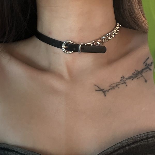 punk metal chain neck ring choker collar black leather stitching dark rock neckband necklace clavicle chain