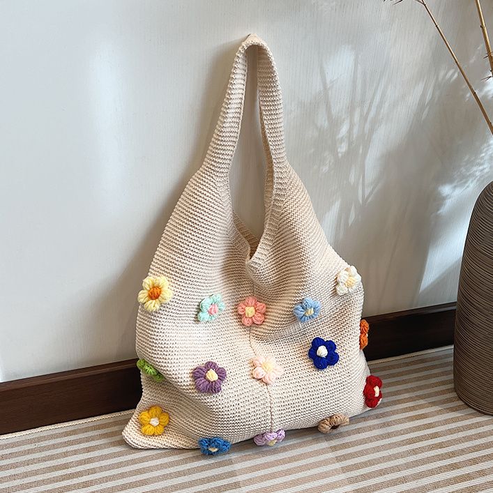 spring and summer colorful flower shoulder loose feeling bag 2024 new fashionable knitted hand carrying large capacity totes