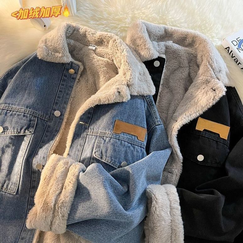 denim coat men‘s winter tide fleece-lined padded lapel jacket autumn and winter 2023 new leisure cargo clothes