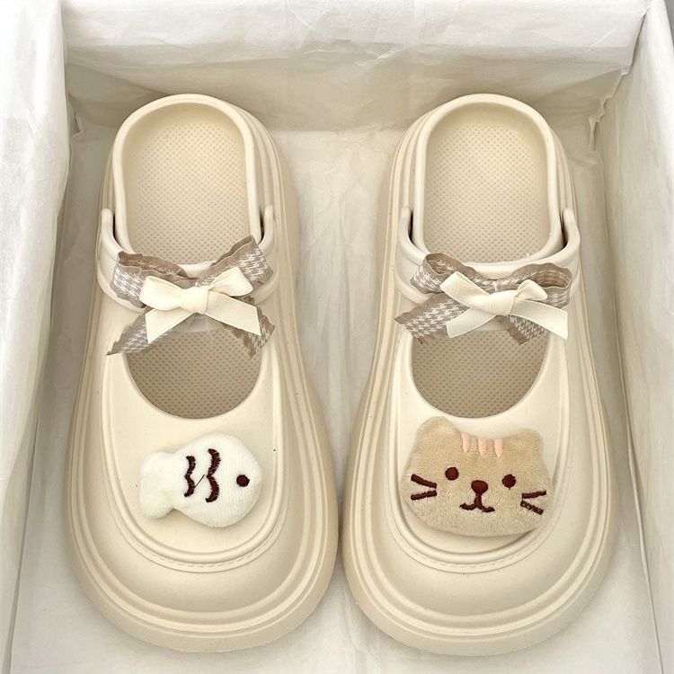 fashionable hole shoes for women 2024 summer new sweet bowknot fashionable outdoor wear drooping feeling out half slippers