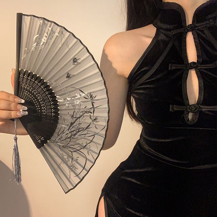 chinese style photography essential black ink painting cheongsam fan summer ancient style chinese folding fan portable hanfu bamboo fan