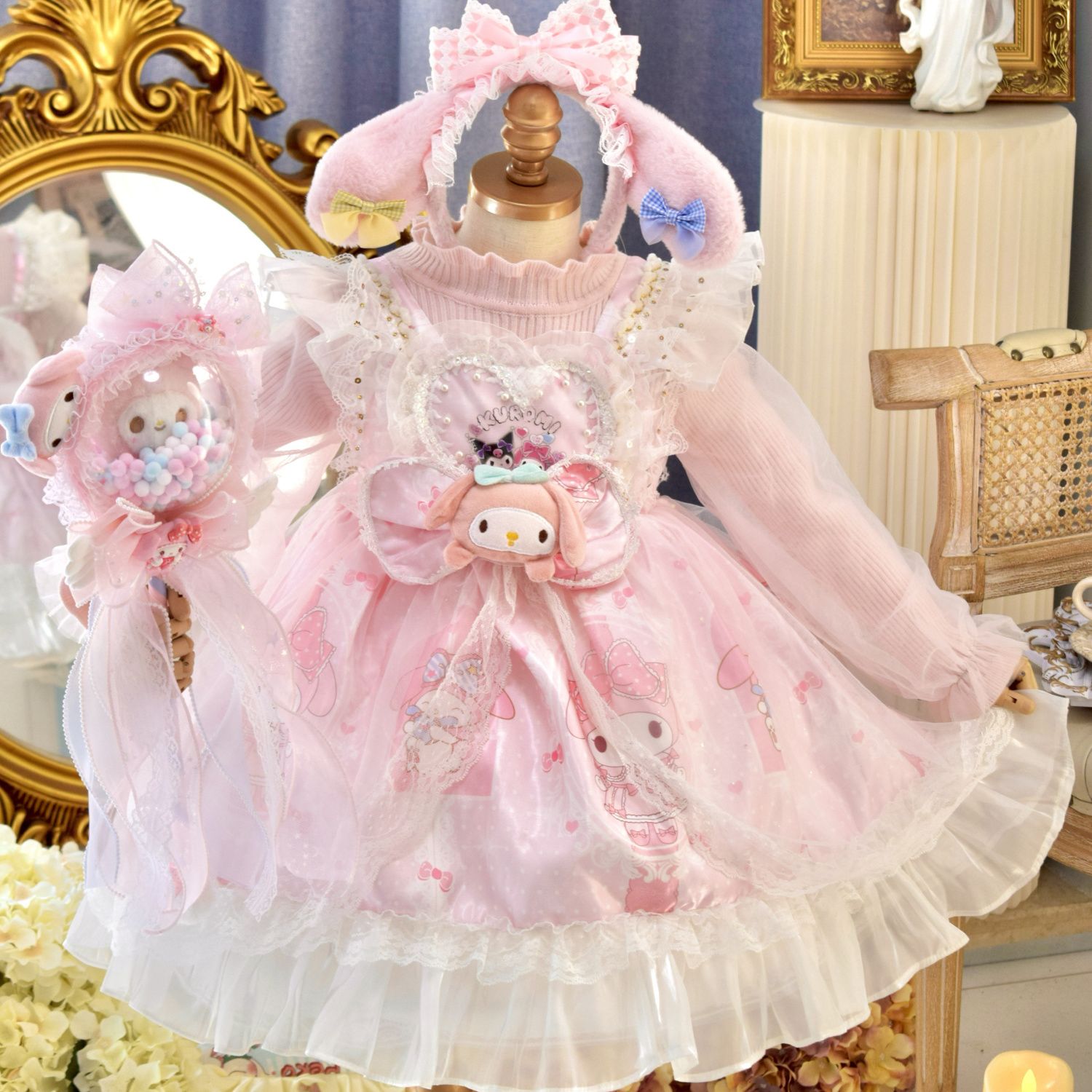 melody princess dress children‘s autumn and winter lolita girls birthday cute fashionable dress pink knitted skirt