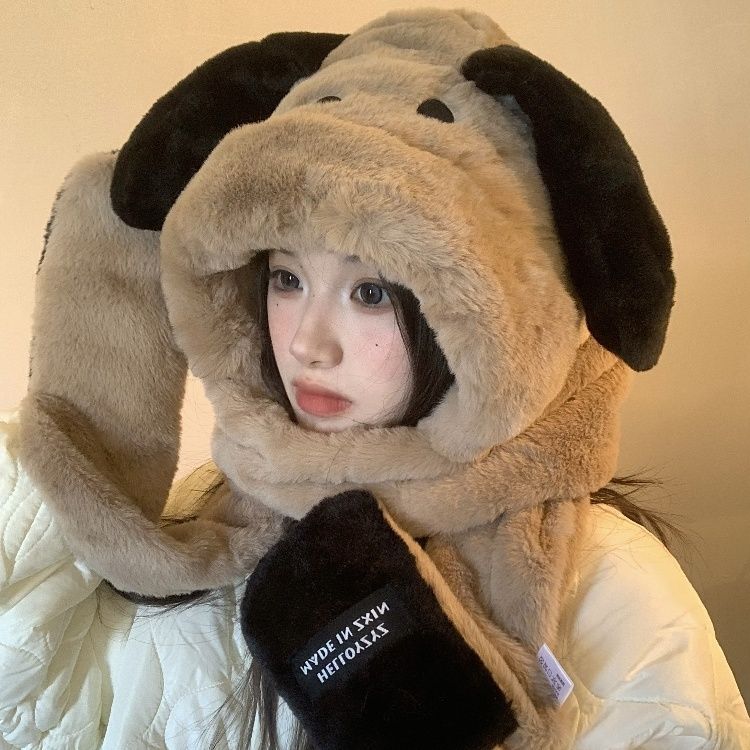 puppy pacha cute scarf hat winter furry scarf cartoon hooded winter warm gloves three-piece set