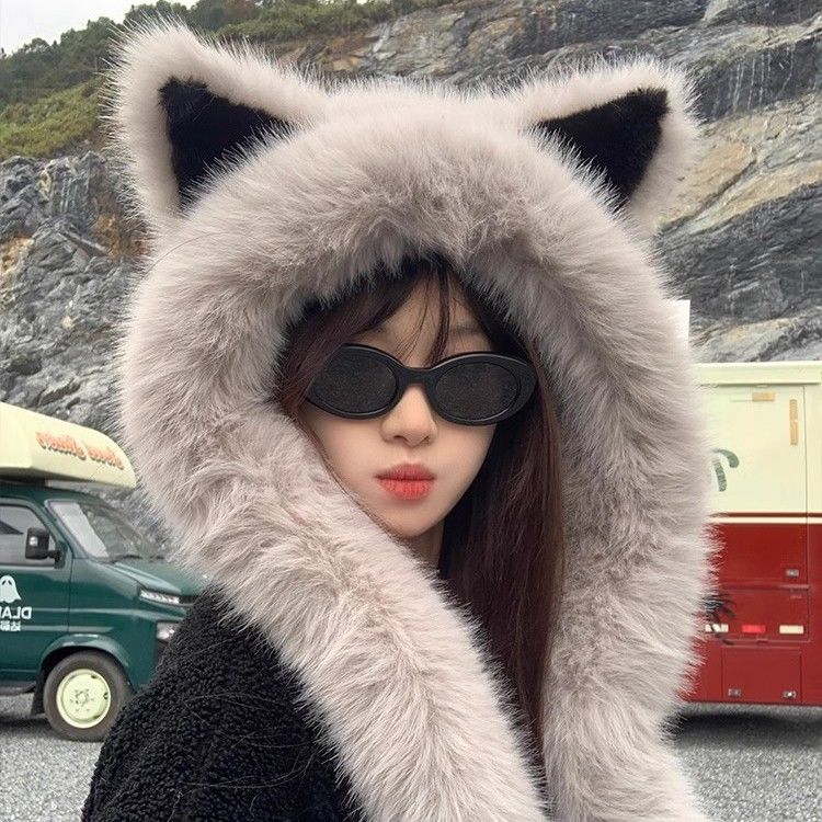 plush fox ear hat scarf integrated women‘s face slimming warm ear protection ushanka in autumn and winter 2024