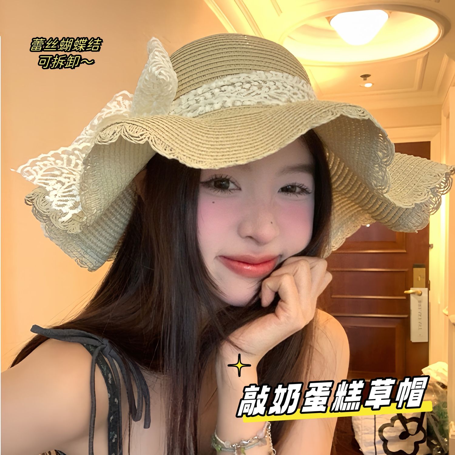 summer sun protection sun hat sweet bucket hat travel breathable beach lace seaside bow brim straw hat