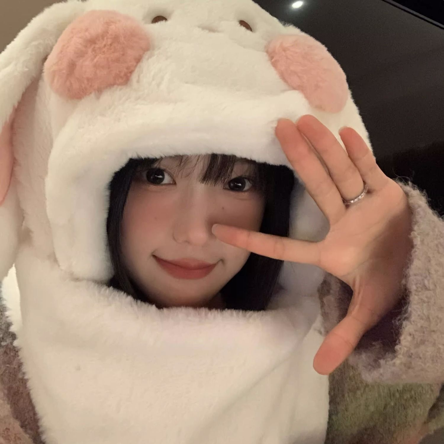 winter plush bunny ears hat scarf gloves one-piece hat three-piece cute women‘s thickened scarf warm