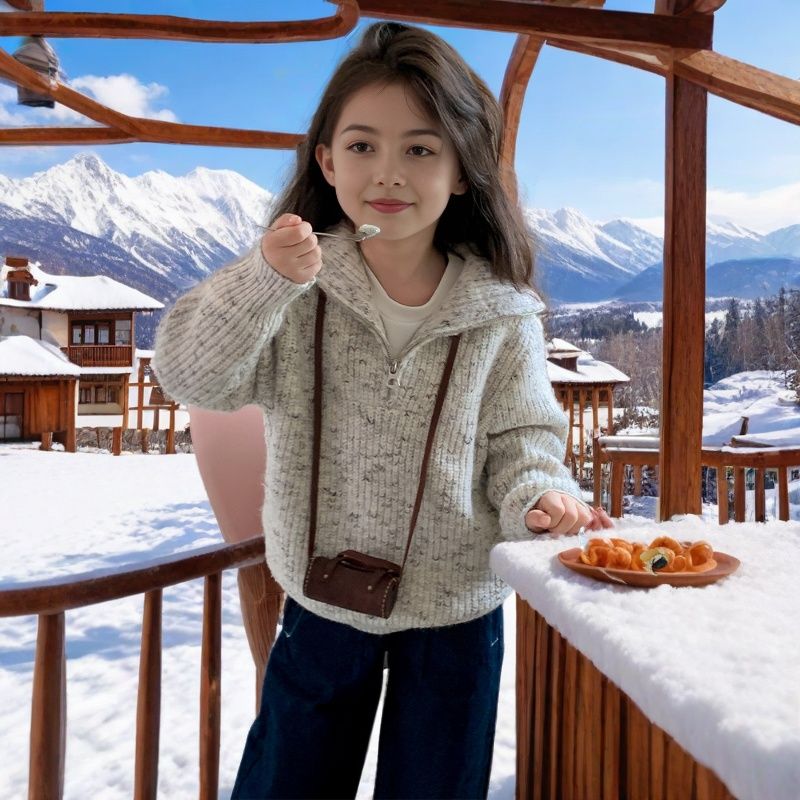 girls sweater coat autumn and winter clothing korean style children‘s western style fashion children‘s half zipper and lapel sweater thickened