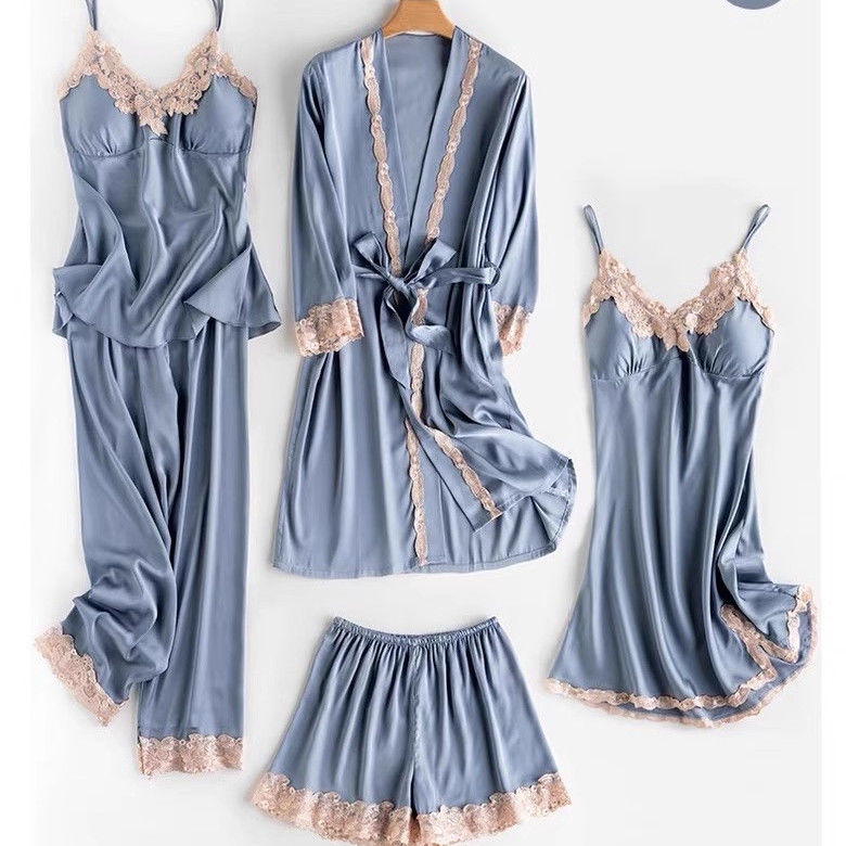 spring and summer pajamas women‘s ice silk thin five-piece set sexy sling nightdress large size loose nightgown with chest pad home wear