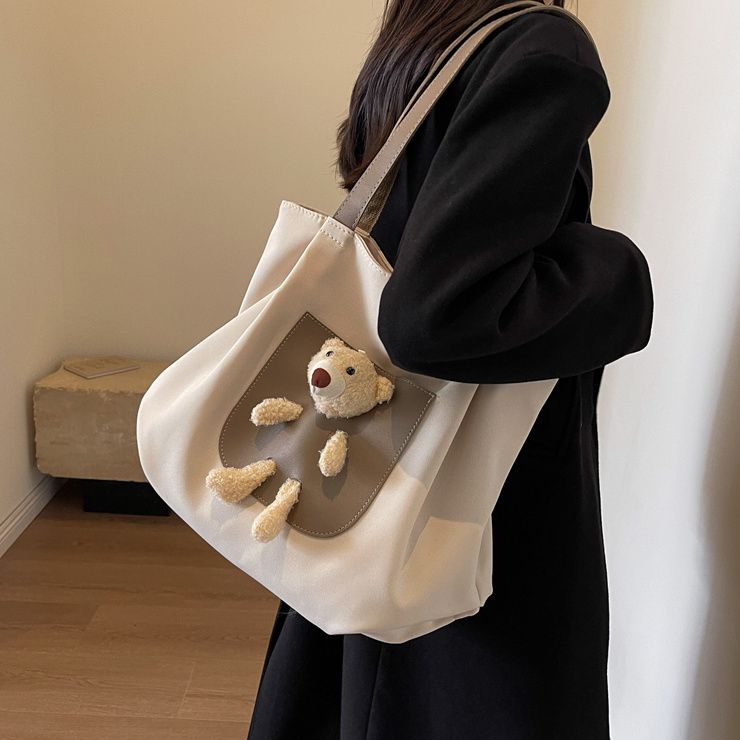 large capacity bag female cute little bear shoulder bag leisure versatile canvas bag college students class commuter tote