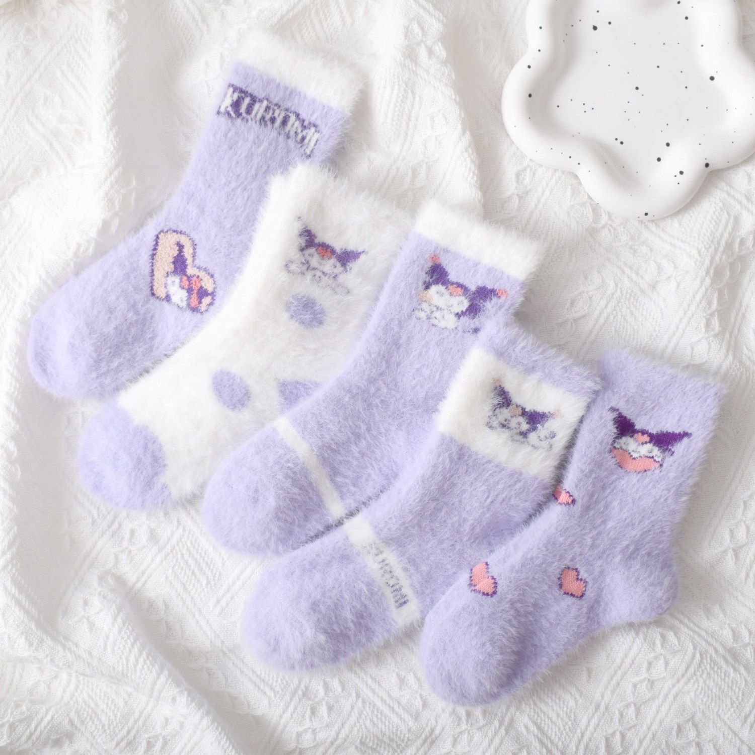 girls‘ socks winter autumn and winter fleece-lined thickened mid-calf clow m girls‘ warm cartoon terry plush room socks