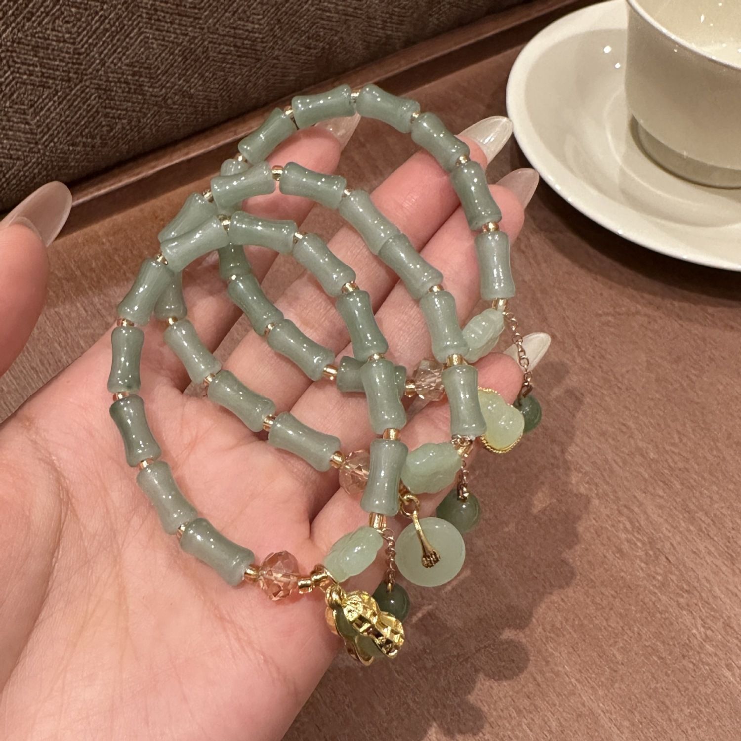 new chinese style bamboo bracelet national style peace buckle white jade gourd peanut bracelet green crystal string beads girlfriends bracelet