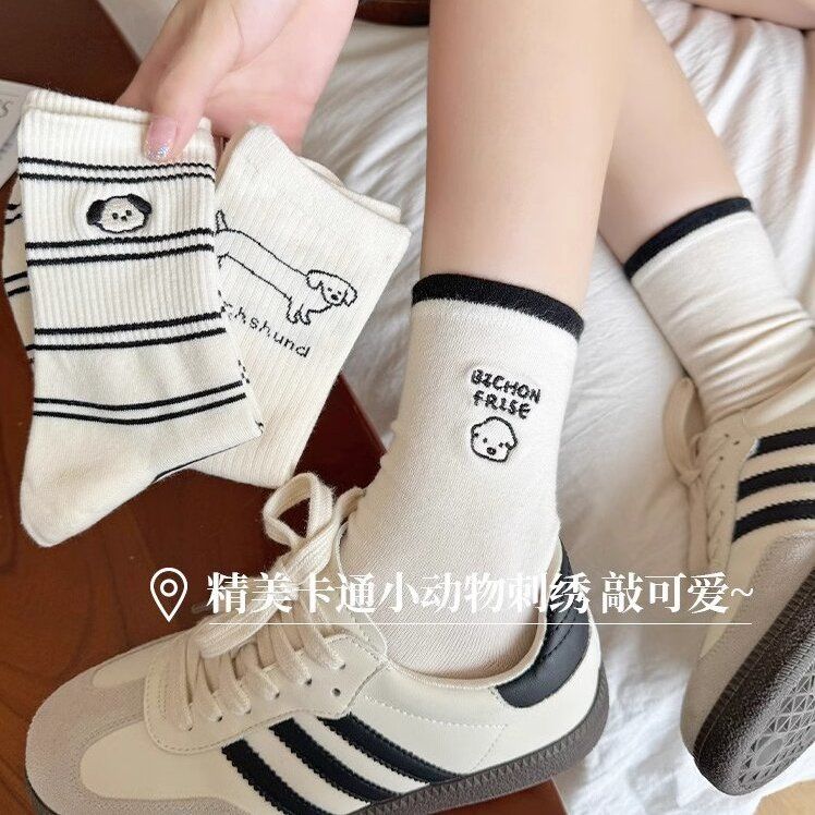 striped cartoon puppy socks women‘s mid tube stockings ins trendy pure cotton spring and autumn japanese cute student summer long socks