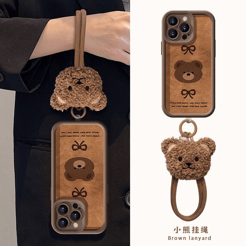 brown bow bear lanyard apple 16promax phone case iphone15 embossed 14 high bamboo 13 frosted 12