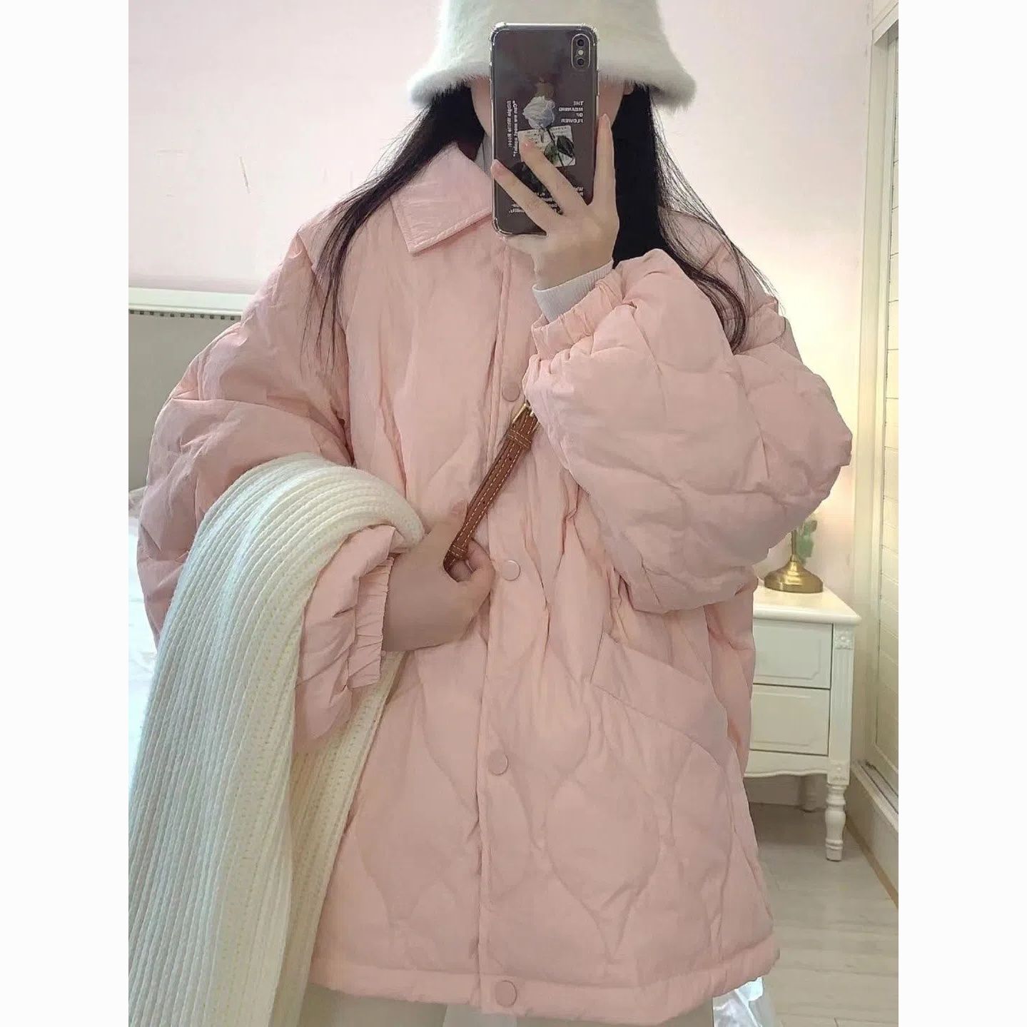 national fashion new diamond plaid loose pink cotton-padded jacket women‘s 2023 autumn and winter korean style loose all-match simple leisure coat