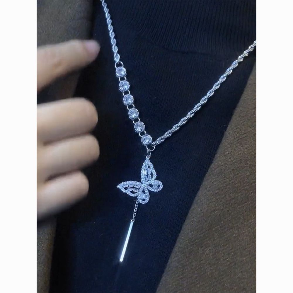 Zircon Butterfly Necklace for Women 2022 New Trendy Light Luxury Minority Simple All-Match Internet Celebrity Hip Hop Sweater Chain Accessories