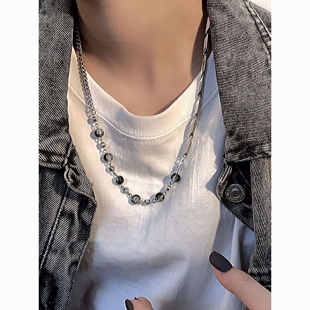 Black and White Ice Crack Beads Necklace Men's Trendy Men's Personality Stitching Titanium Steel Necklace Ins Hip Hop Light Luxury Minority Design Accessories
