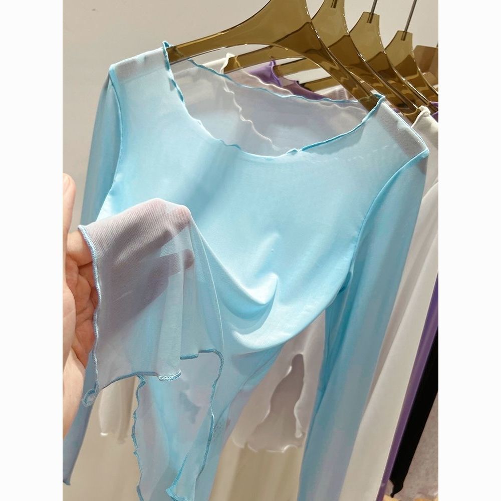 Ice Silk Net Yarn Bottoming Shirt Women's Summer Inner Wear Sun Protection Long Sleeve T-shirt Western Style Wooden Ear Sexy Tulle Sheer Top