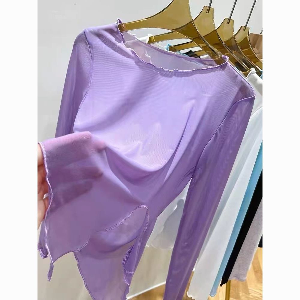 Ice Silk Net Yarn Bottoming Shirt Women's Summer Inner Wear Sun Protection Long Sleeve T-shirt Western Style Wooden Ear Sexy Tulle Sheer Top