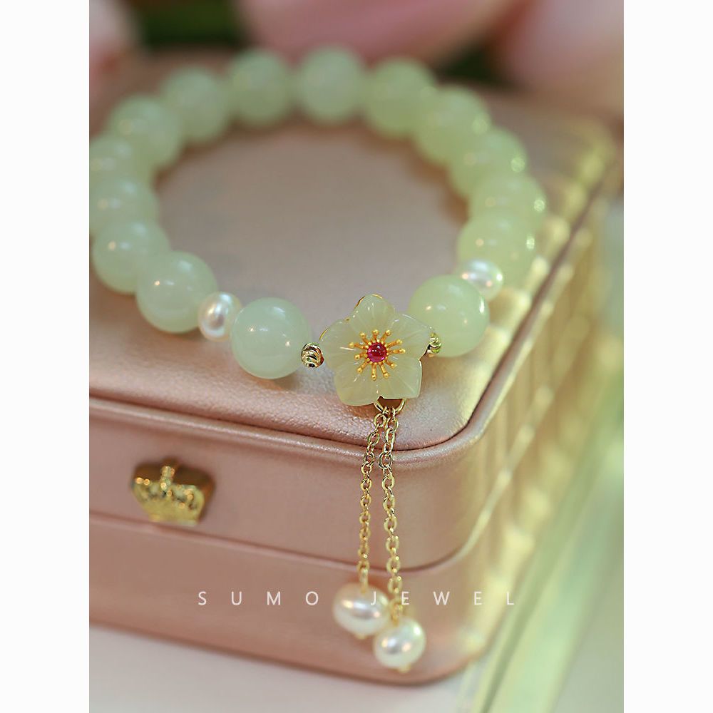 Hetian Yu Peach Blossom Bracelet Female Ins Special-Interest Design New Elegance Retro Bracelet Girlfriend Girlfriends Birthday Gift