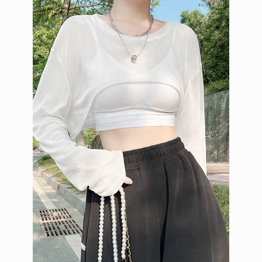 ice silk blouse women‘s summer suspender skirt inner wear base thin type sunscreen long sleeve ultra short outer wear hot girl mesh top