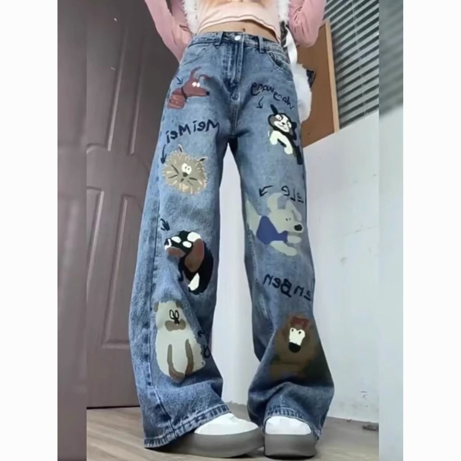 american high street graffiti printing jeans women‘s summer new plus size plump girls loose straight wide leg mop pants