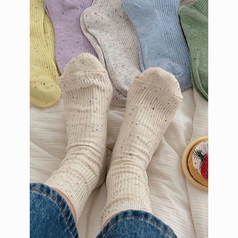 qiulu vertical stripes neps yarn socks women‘s mid tube stockings ins trendy pure cotton spring and autumn japanese style special preppy style long socks