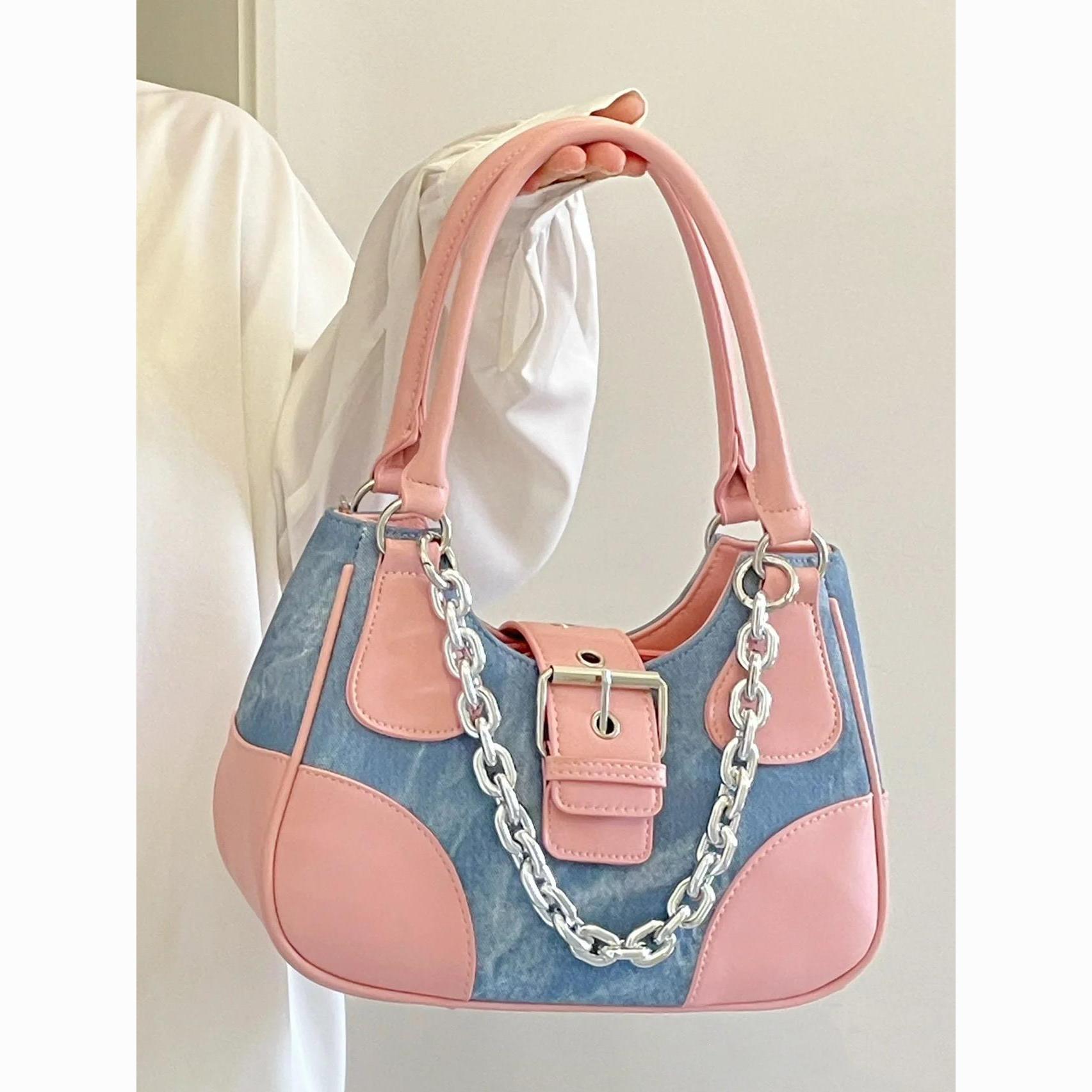 2022 new bag women‘s fashion contrast color underarm bag casual shoulder portable sweet cool hot girl bag all-match chain bag