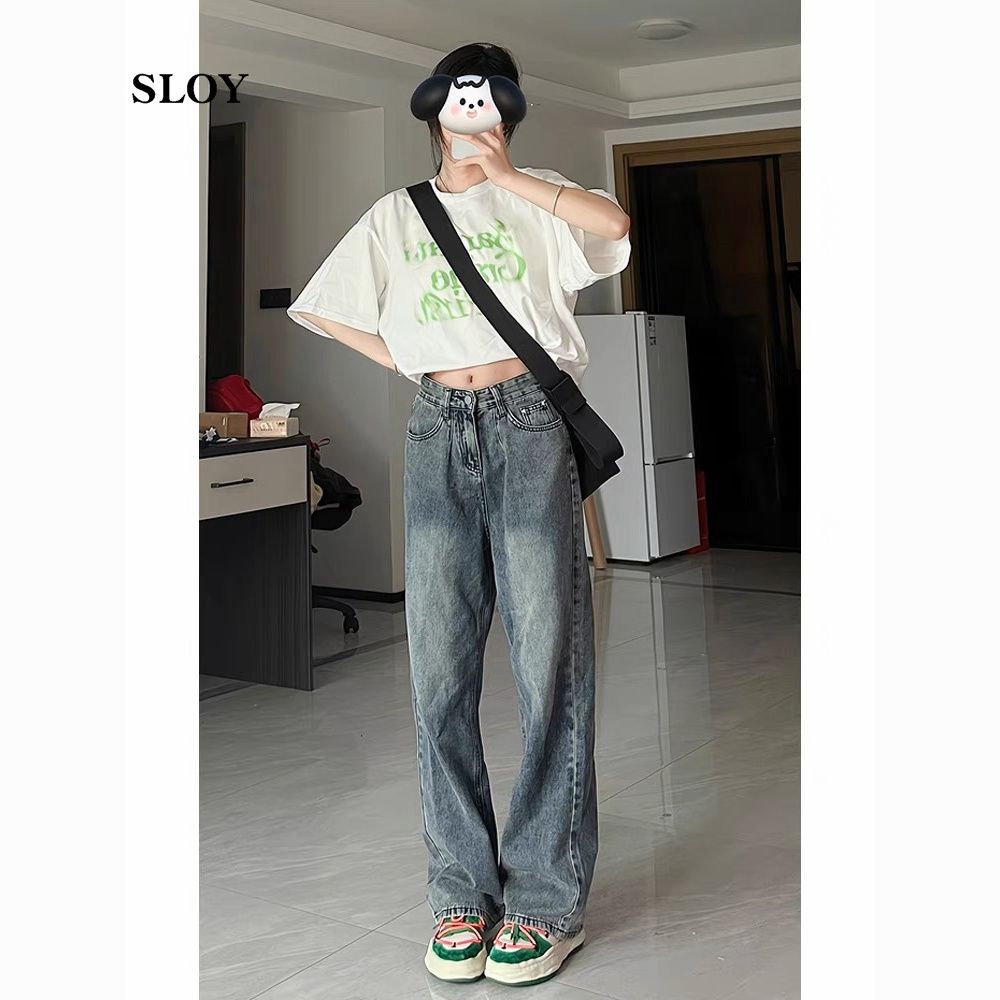 sloy vintage jeans for women spring and autumn 2024 new niche design harajuku bf style straight wide-leg pants