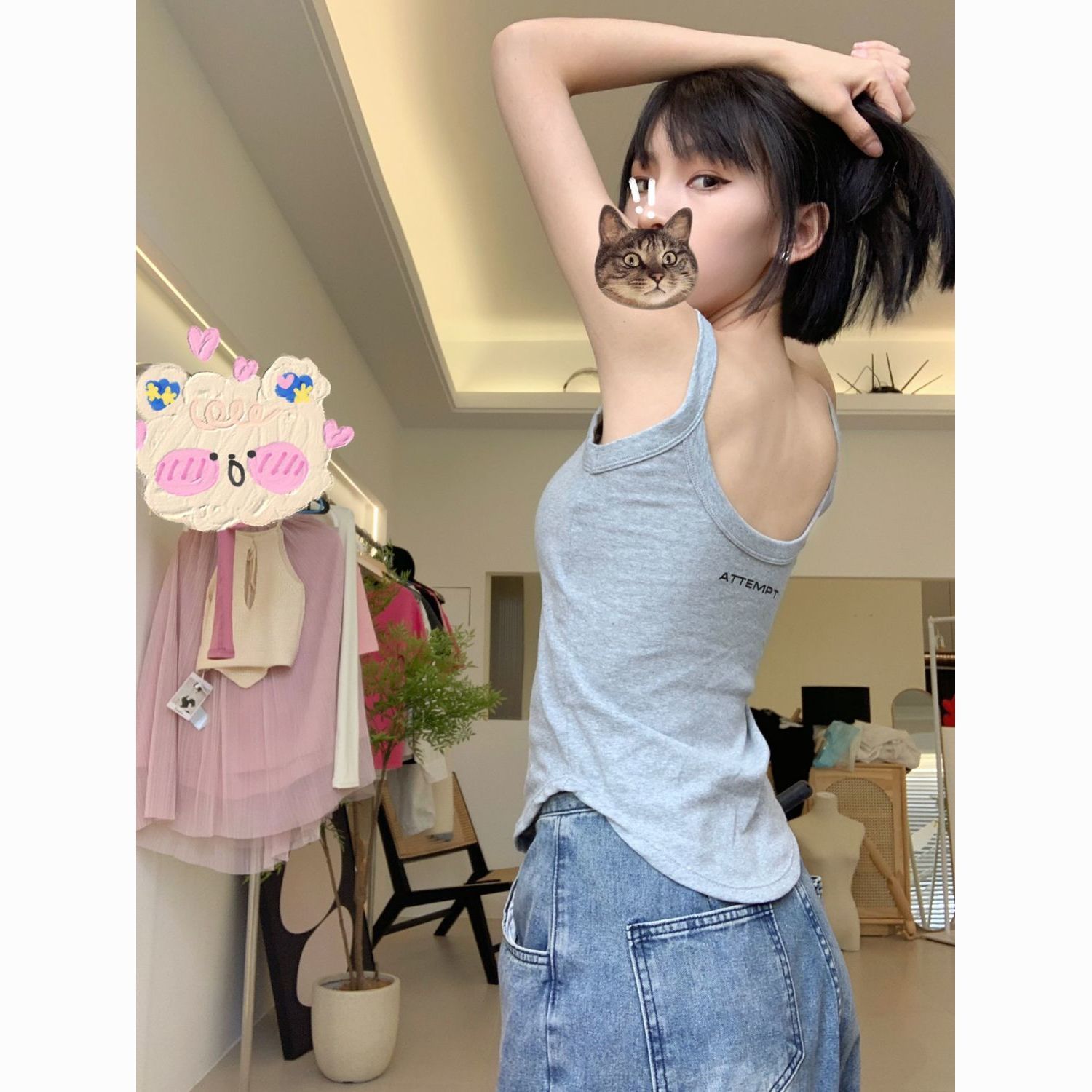 american-style gray u-neck camisole women‘s summer outer wear chest pad inner base hot girl sports sleeveless top