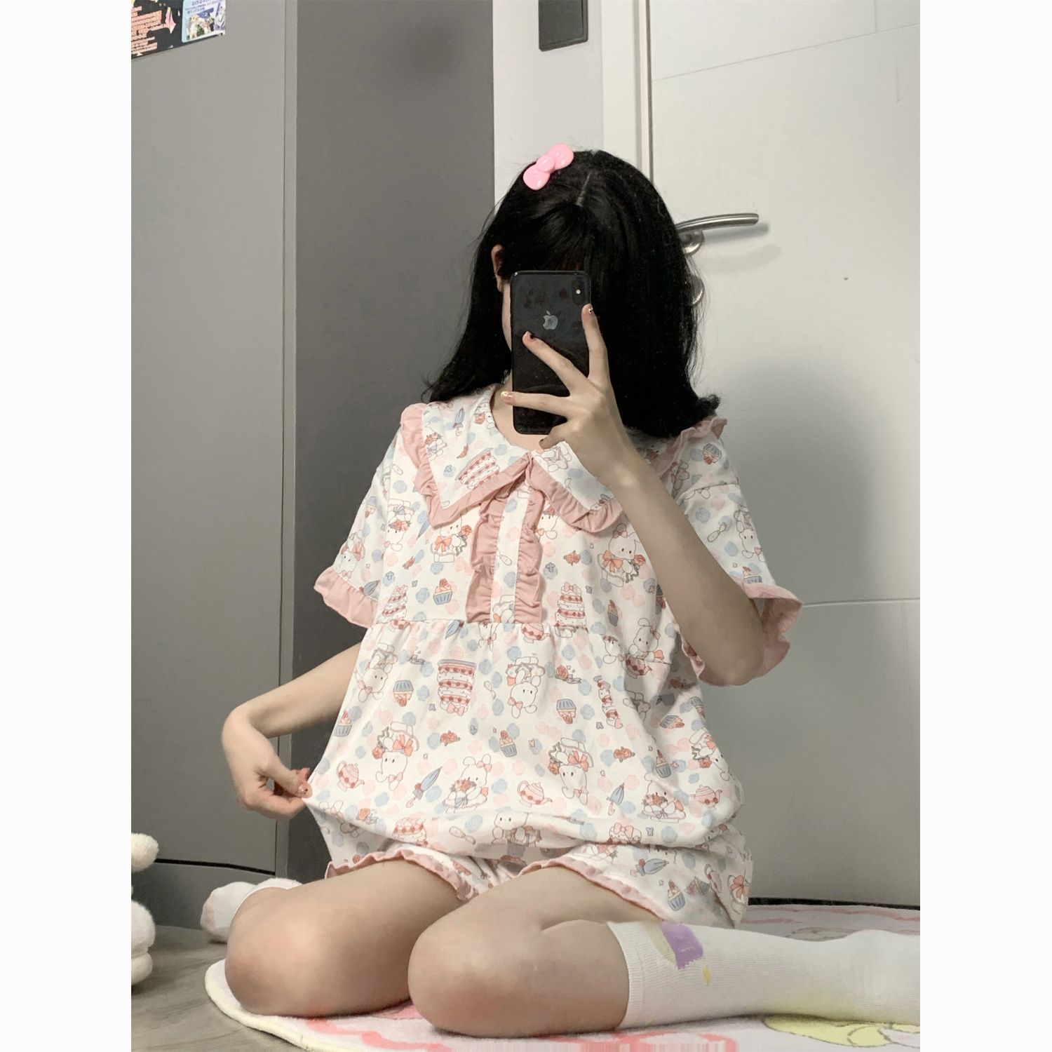 cute cake rabbit pajamas women‘s summer new short sleeve lace ins style japanese style students homewear suit outer wear