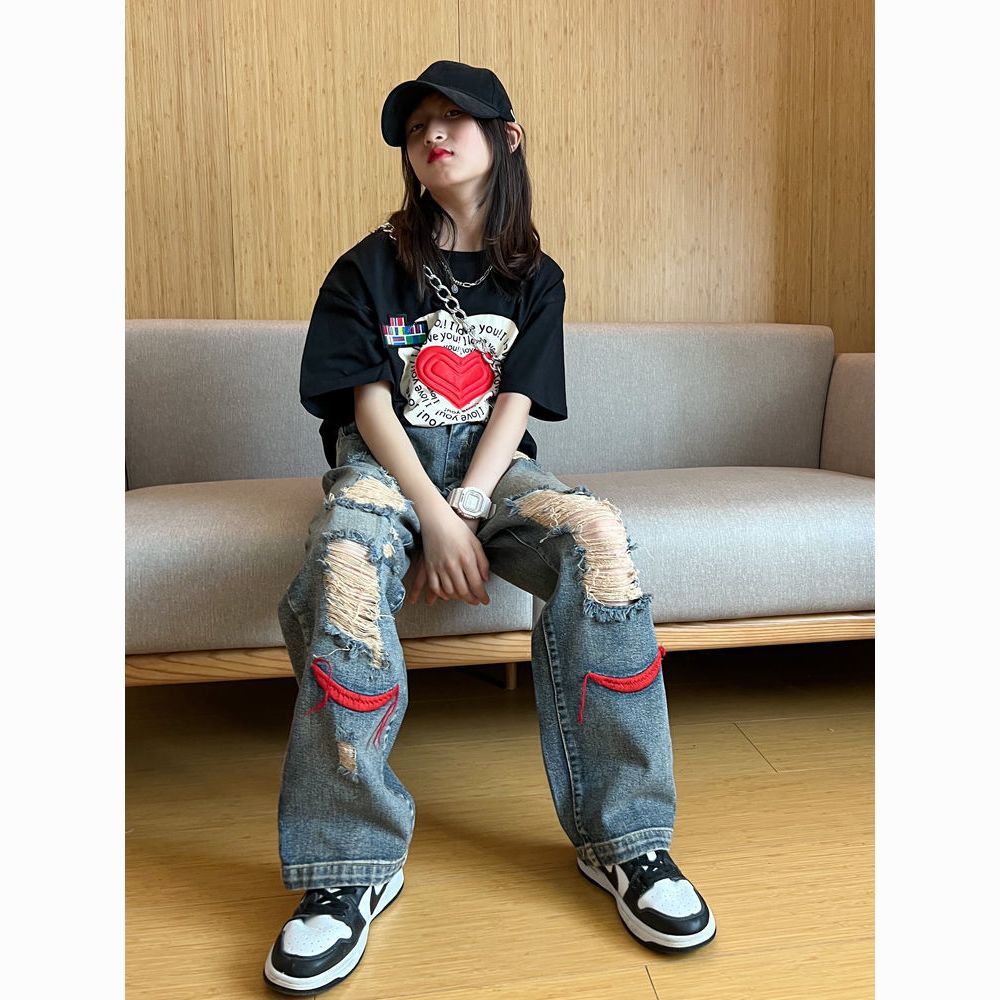 girls‘ ripped jeans 2022 summer new fashion brand western style fried street children loose straight trousers personality