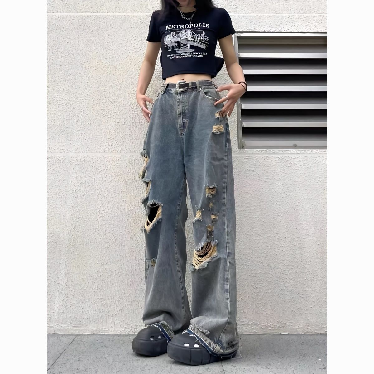 2023 large size student jeans for plump girls summer new loose slimming wide-leg pants beggar pants fashion