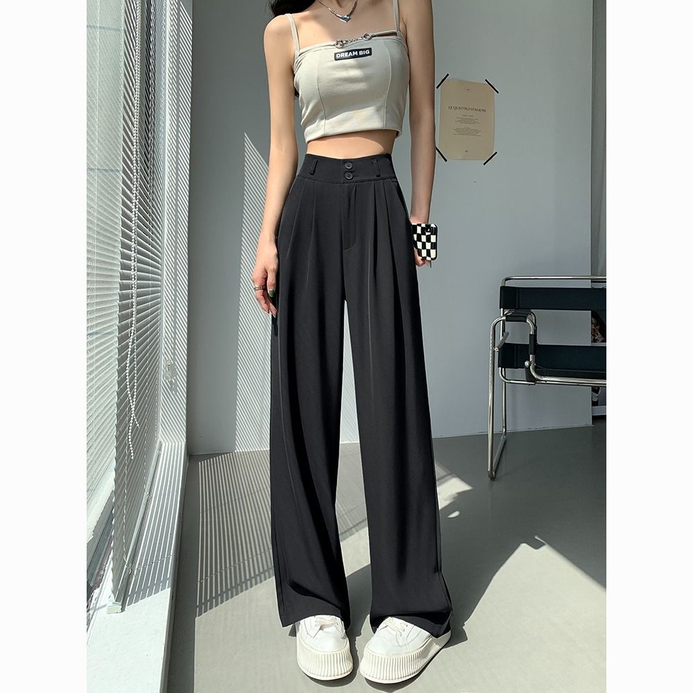 narrow ice silk wide-leg pants women‘s summer thin 2023 new high waist drooping straight casual pants mop suit pants