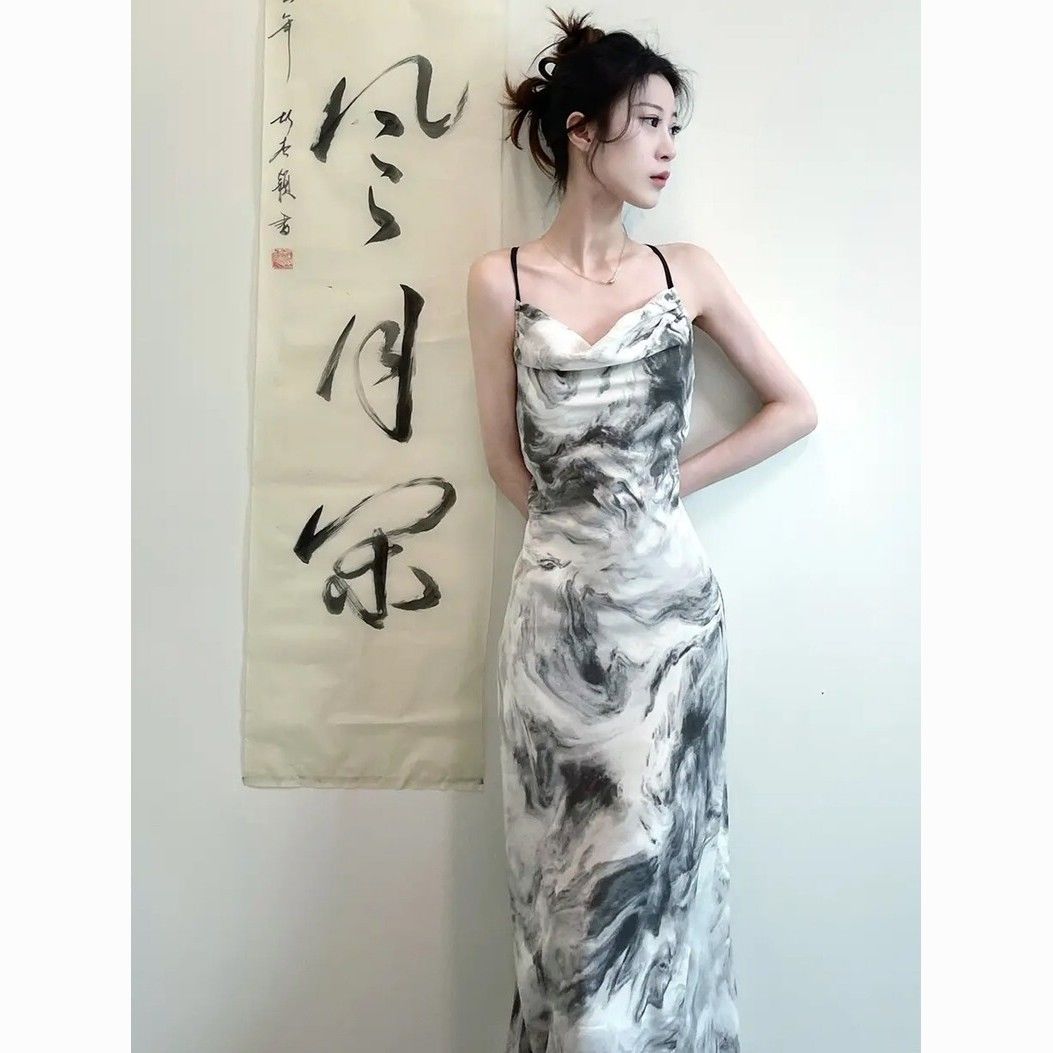 new national style sling dress women‘s high-grade pure desire style new chinese ink painting elegant artistic long skirt