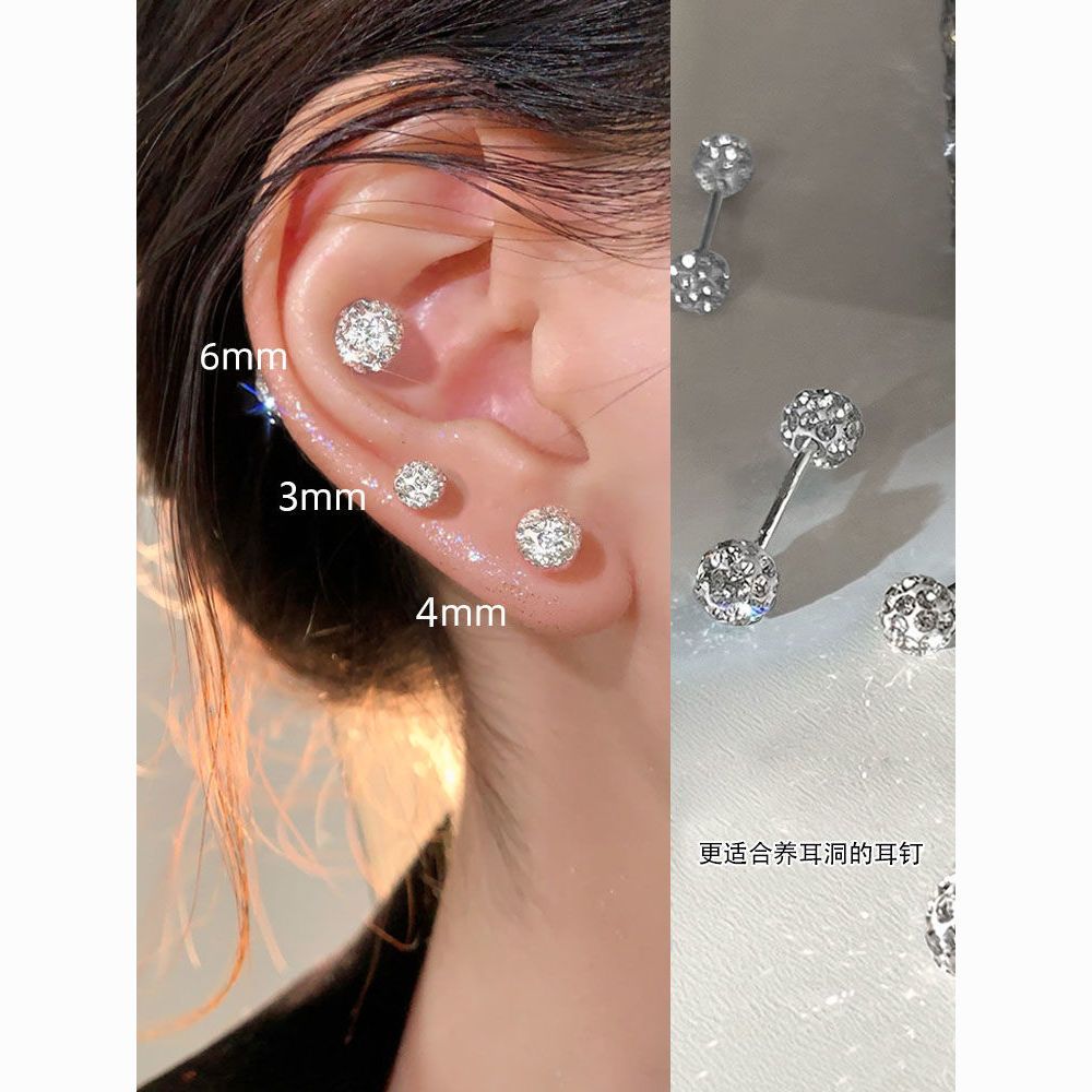 double-headed diamond ball ear stud women‘s ear-caring ear bone stud niche high sense zircon ear bone pin diamond earrings silver earrings