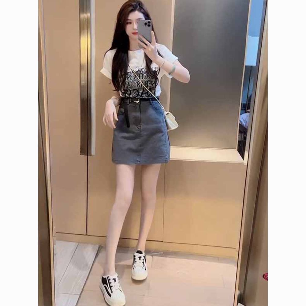 2024 summer new small western style youthful-looking short-sleeved t-shirt women + denim skirt suit skirt women‘s two-piece suit fashion