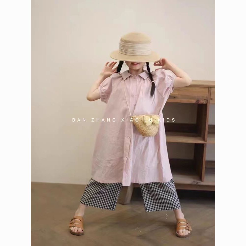 girl‘s sweet short-sleeved shirt dress 2023 summer new south korea small girls and teen girls plaid pants dress