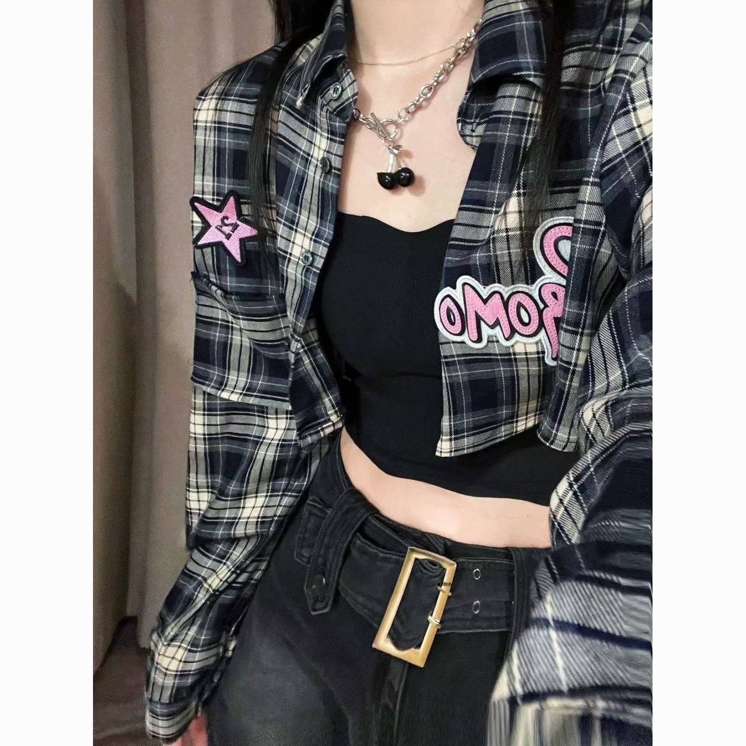 2023 summer new embroidered plaid short shirt outer wear women‘s korean style fashion loose slimming shirt cardigan fashion