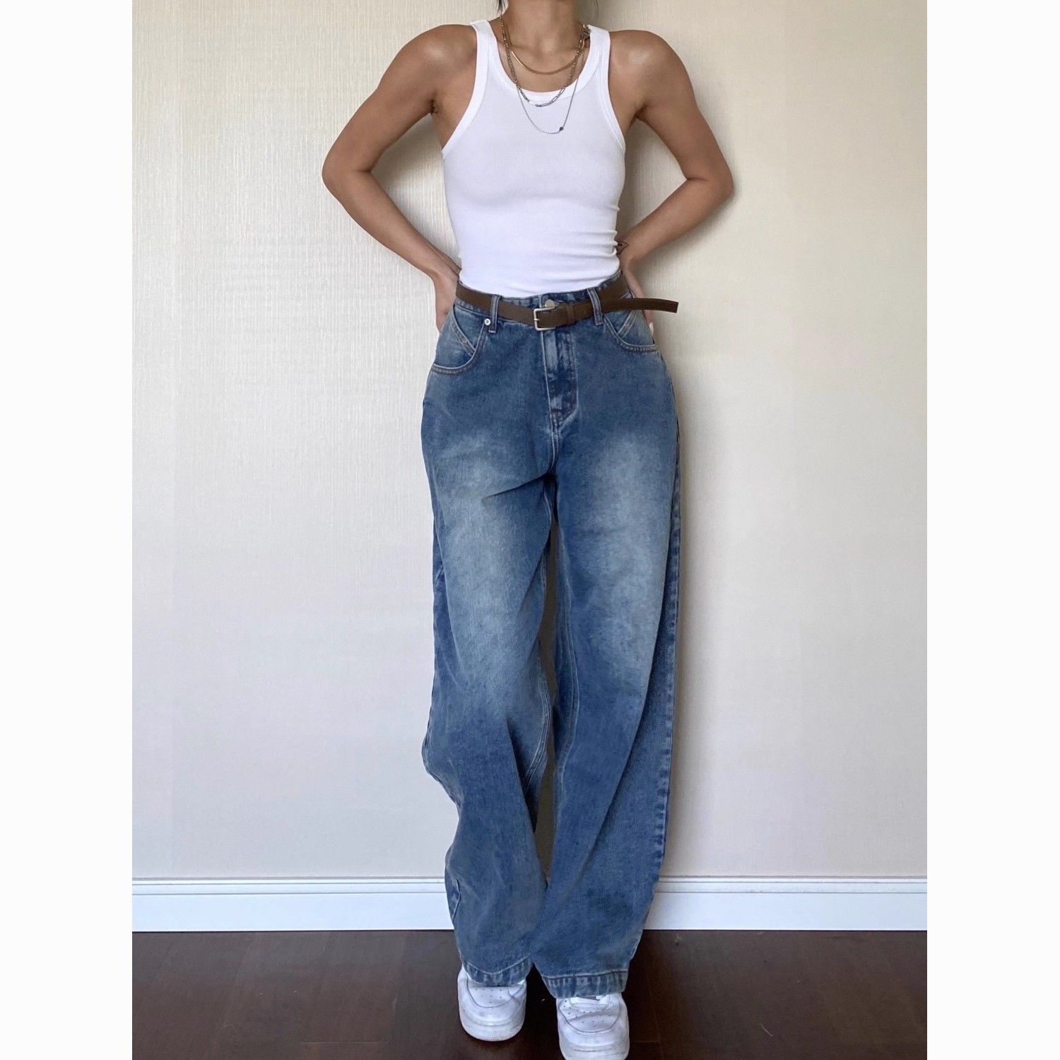 large size american retro washed straight jeans women‘s autumn high waist wide leg pants loose slimming mopping pants