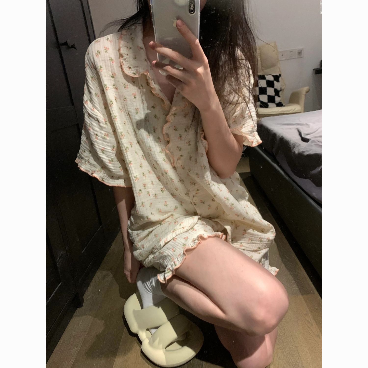 sweet floral women‘s pajamas summer new japanese style in style ruffled princess style high-grade sense can be outerwear homewear