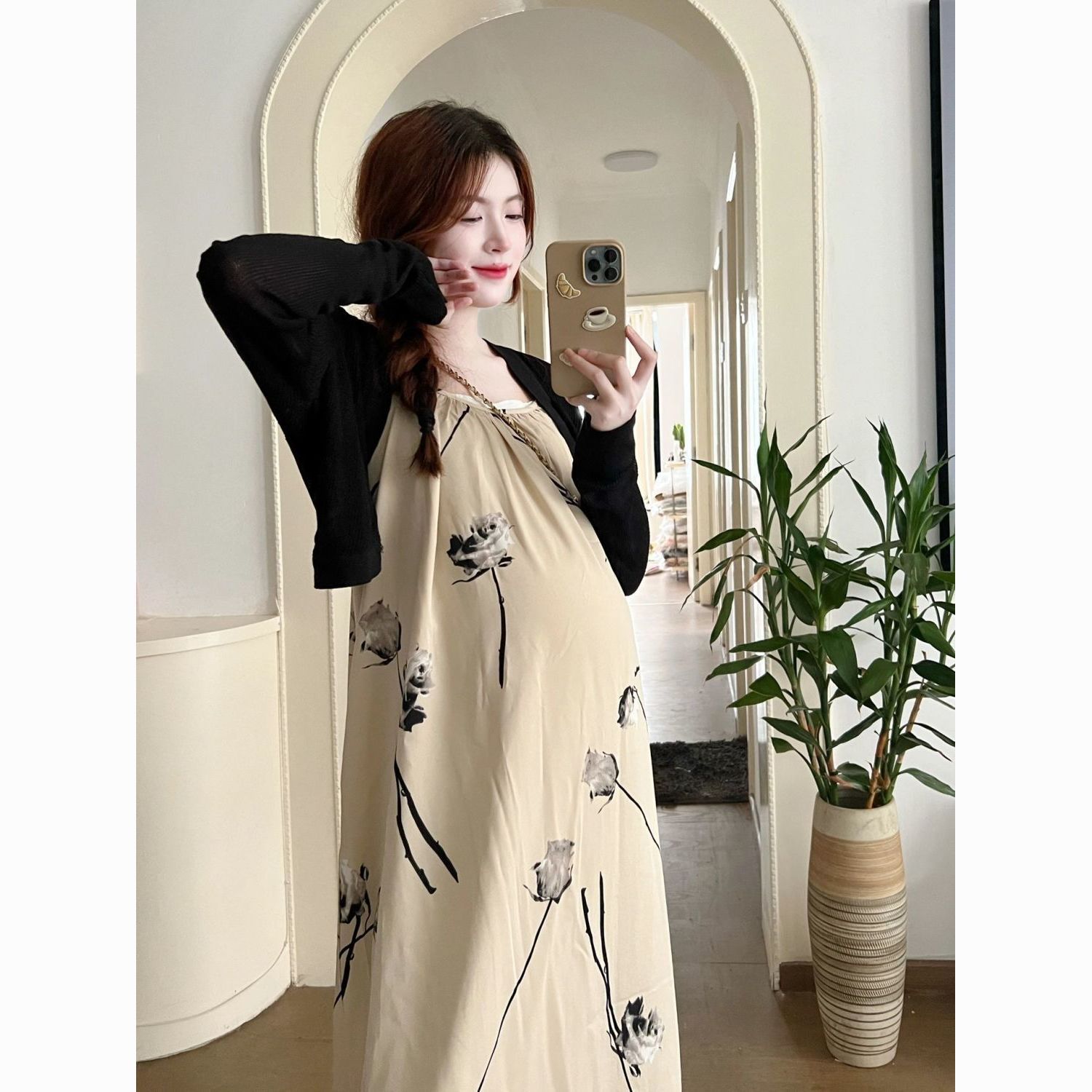 maternity clothes two-piece set online influencer fashion new korean style tummy hiding does not show off suspender skirt ink painting printing dress