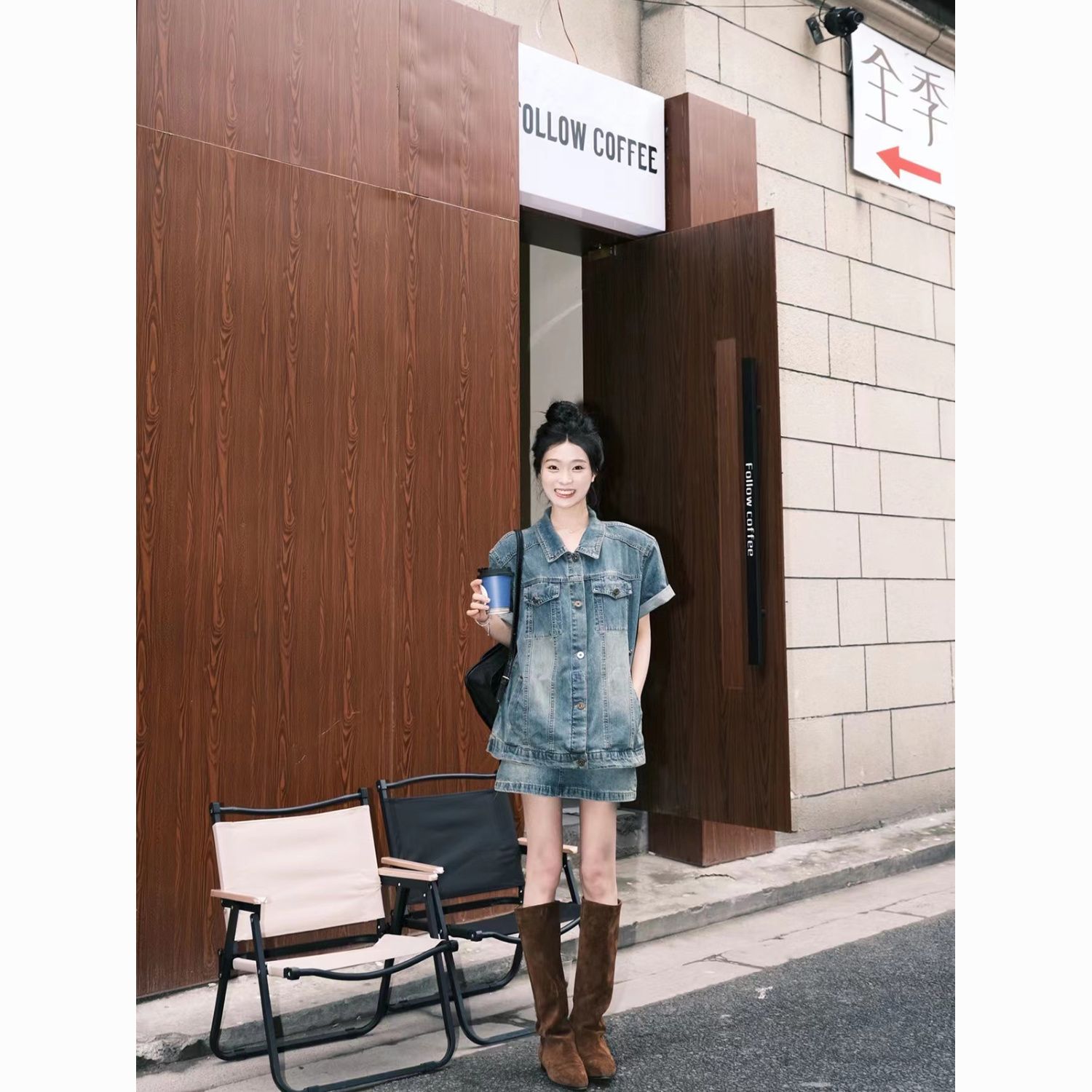 2023 summer new retro minority denim suit women‘s casual loose denim short sleeve jacket + short skirt