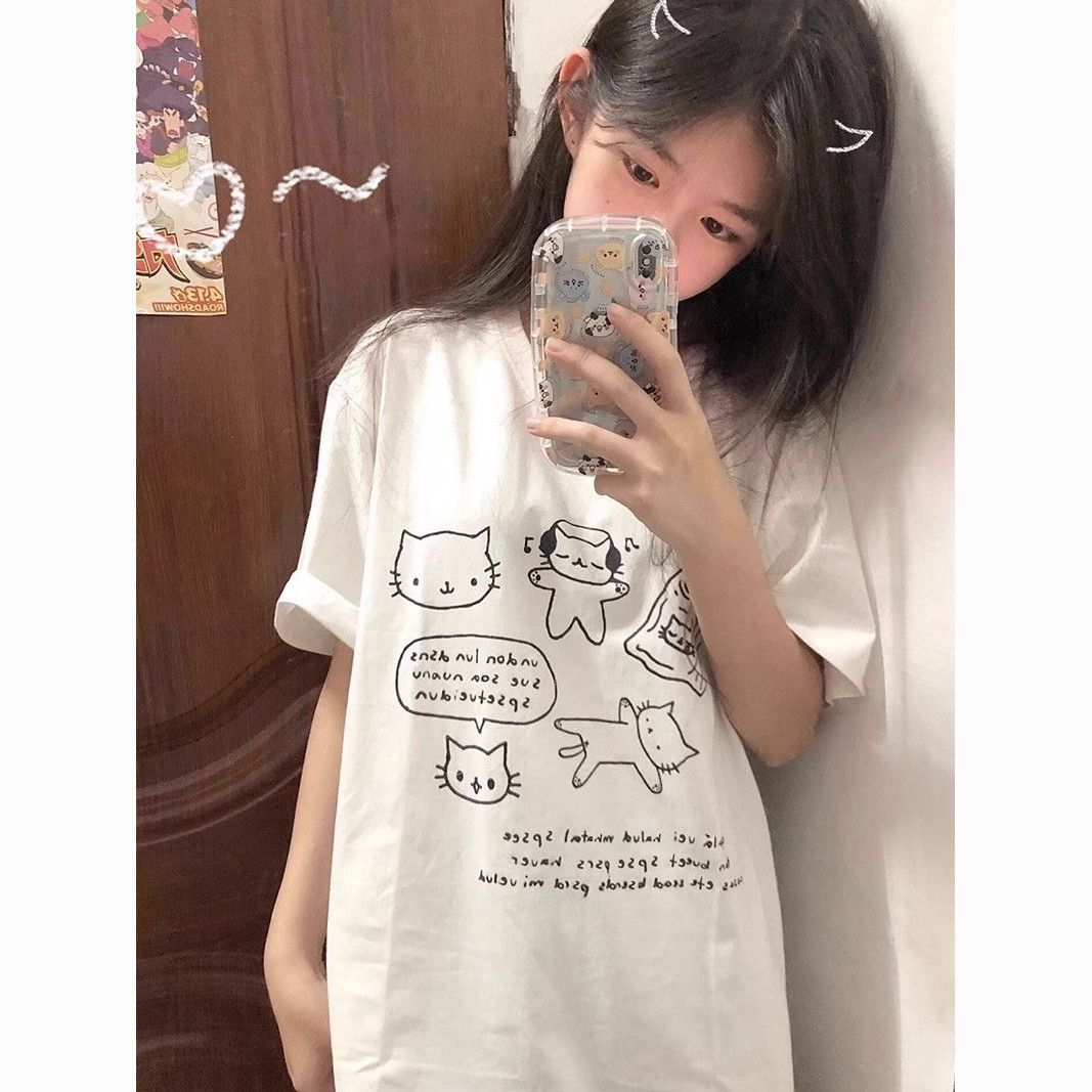 heejoo ~ original cute cat cartoon printed short-sleeved t-shirt female fashion brand top student loose ins