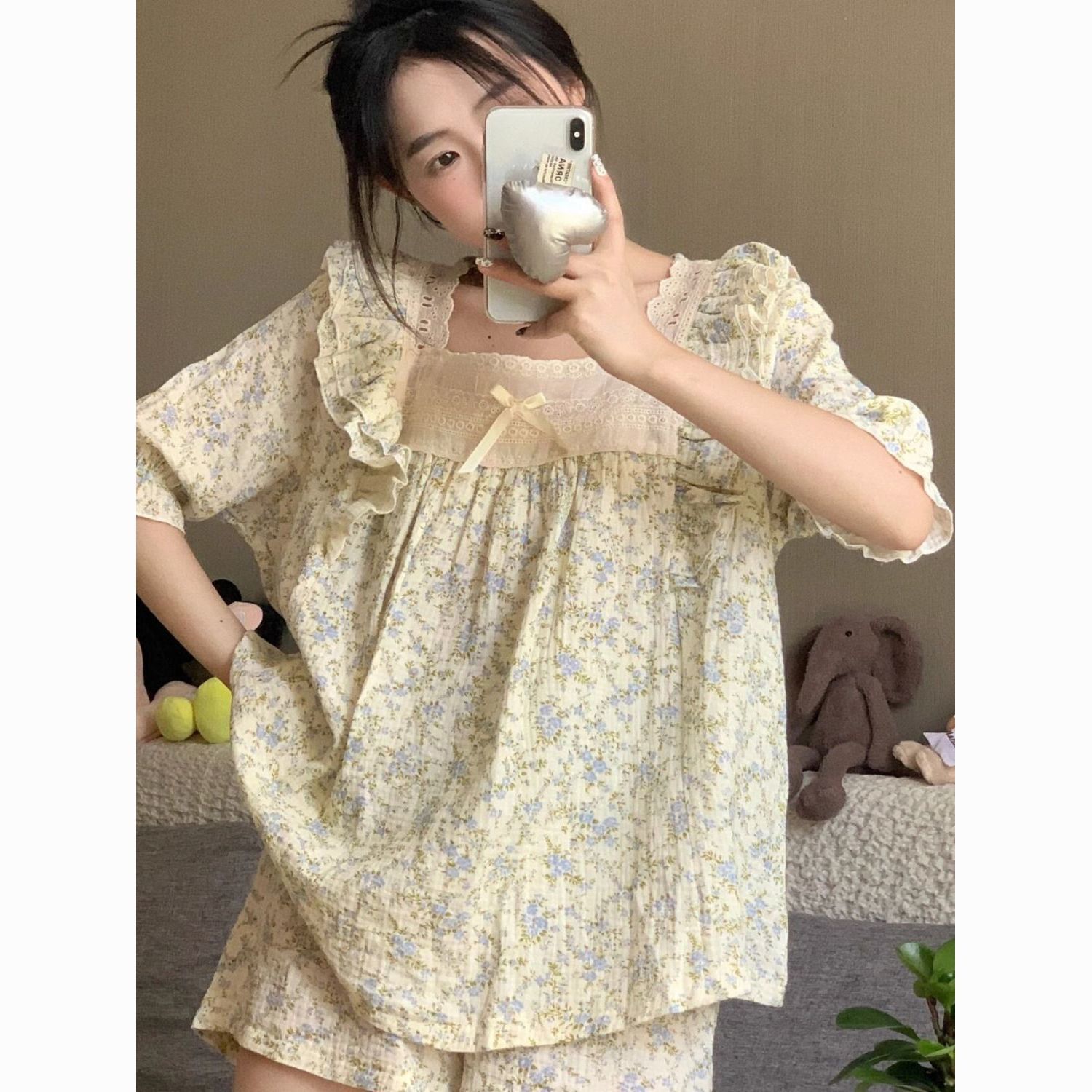 large size 150.00kg korean style sweet floral pajamas women‘s summer new princess style lace outer wear pajamas