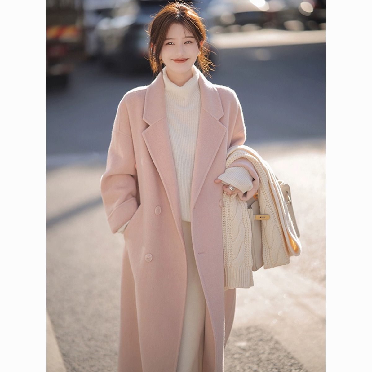 pink double-sided woolen coat women‘s mid-length 2024 autumn and winter new small korean woolen coat